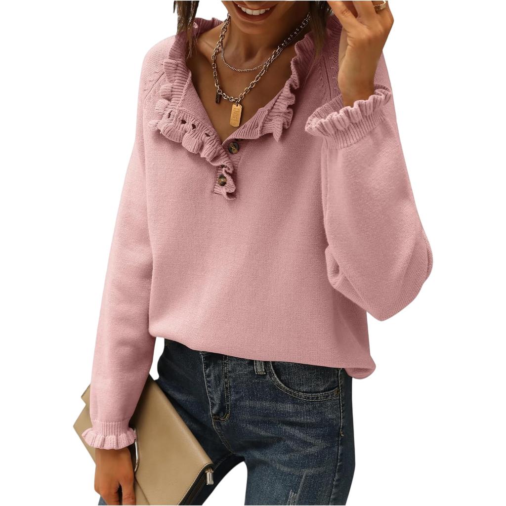 Damenmode Strick Casual Langarm Knopfleiste Rüschen Pullover