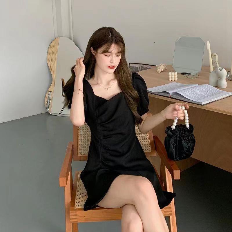 Summer Short Dress Solid Color Square Neck Waist Thin Bubble Sleeve Irregular Pleated Short Sleeve Dress