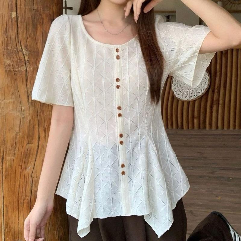 Irregular Women's Shirt Round Neck Hollow Design Single Breasted Solid Color Female Shirts Summer Casual Fashionable Ladies Thin Short Sleeved Top