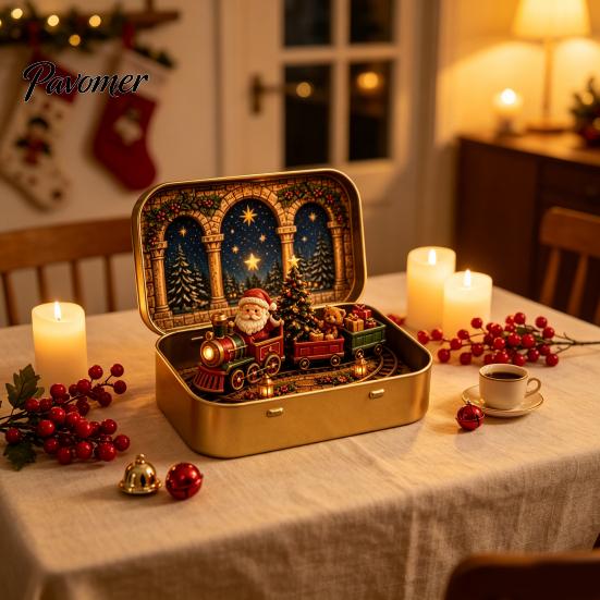 Christmas Mantel Decor Tiny Wonderland in a Tin, Mini Holiday Diorama Decor, Miniature Winter Decorative Metal Tin Scene with Santa, Tree, Gifts