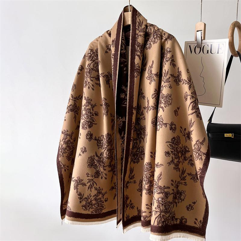 Winter Warm Shawl Elegant Floral Cashmere Scarf Women Thick Blanket Wrap Pashmina Bufanda Tassel Female Long Foulard