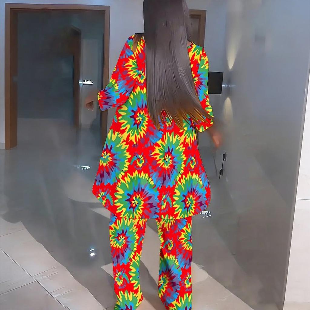 Womens Plus Size Crew Neck Three Quarter Sleeve Irregular Hem Top And Matching Printed Wide Leg Pants Two Piece Set