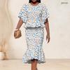 Women Plus Size Printed Round Neck Ruffle Sleeve Ruffle Hem Top Fishtail Skirt Two Piece Set