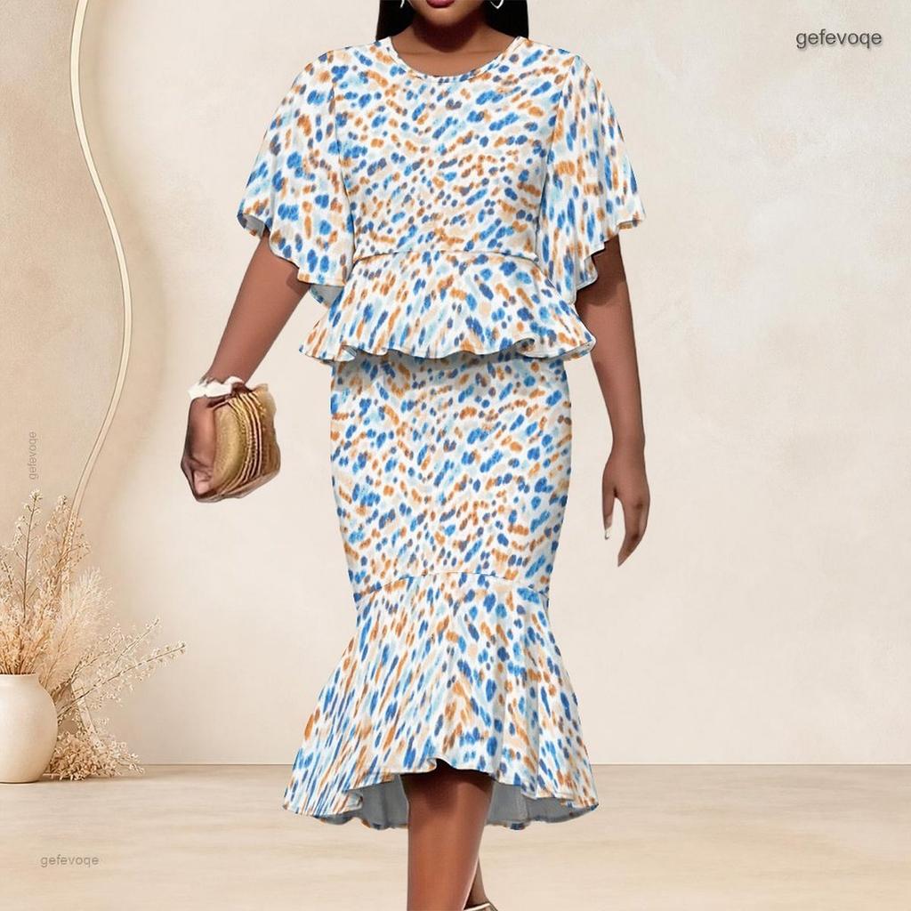 Women Plus Size Printed Round Neck Ruffle Sleeve Ruffle Hem Top Fishtail Skirt Two Piece Set