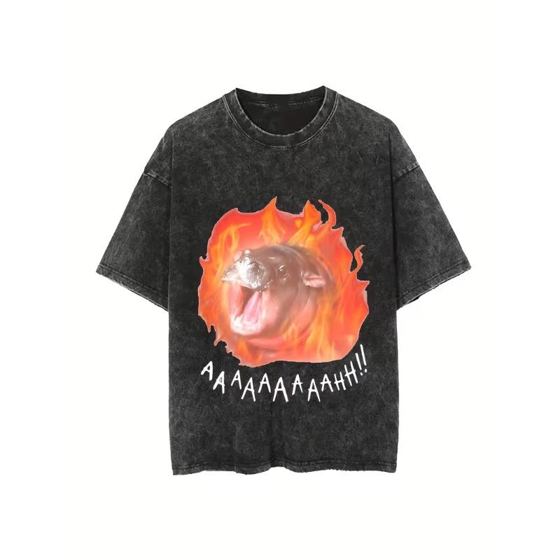 Screaming Hippo Meme Graphic TShirt Retro Funny AAAAAAAHH Fire Hippo Print Oversize Short Sleeve Loose Fit Crew Neck Top S