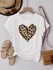Casual Crew Neck T-Shirt with Leopard Print Heart Design Short Sleeve Fabric Tee Slight Stretch Pullover Top for All Seasons