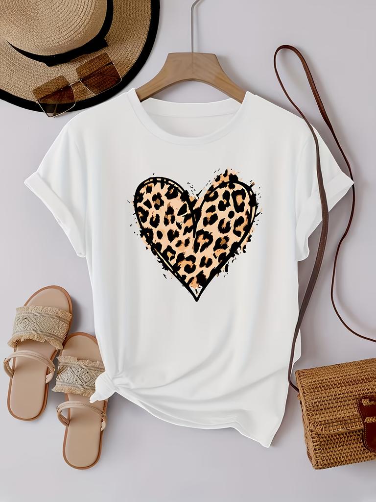 Casual Crew Neck T-Shirt with Leopard Print Heart Design Short Sleeve Fabric Tee Slight Stretch Pullover Top for All Seasons
