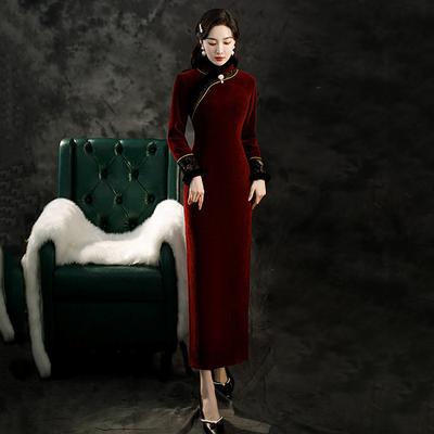 Burgundy Mother Velvet National Style New Chinese Long-sleeved Improved Cheongsam Winter Thickened Women's High-end Sense Retro Autumn and Winter