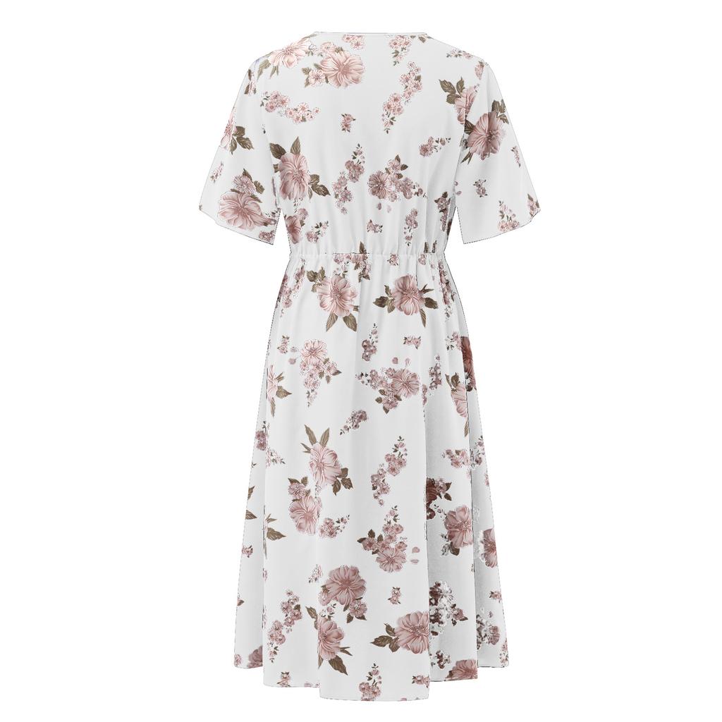 Large Size Ladies Flower Print V-neck Short-sleeved Dress European and American Waist Loose Split Mid-length Chiffon Skirt