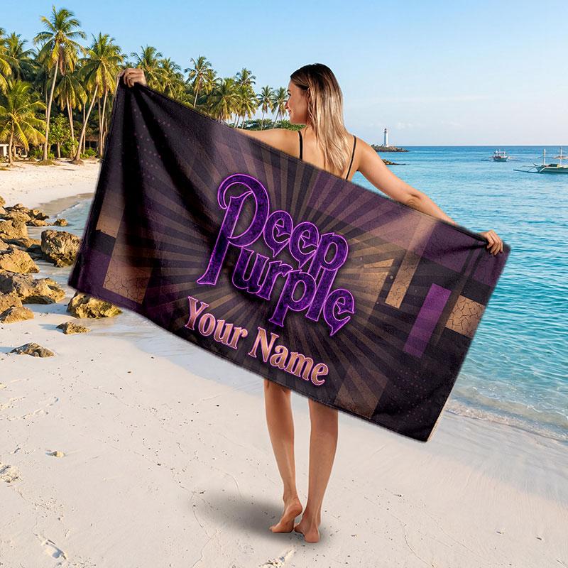 Deep Purple Customized Name Text Beach Towel, Soft Absorbent Towel Beach Pool Travel Personal Gift