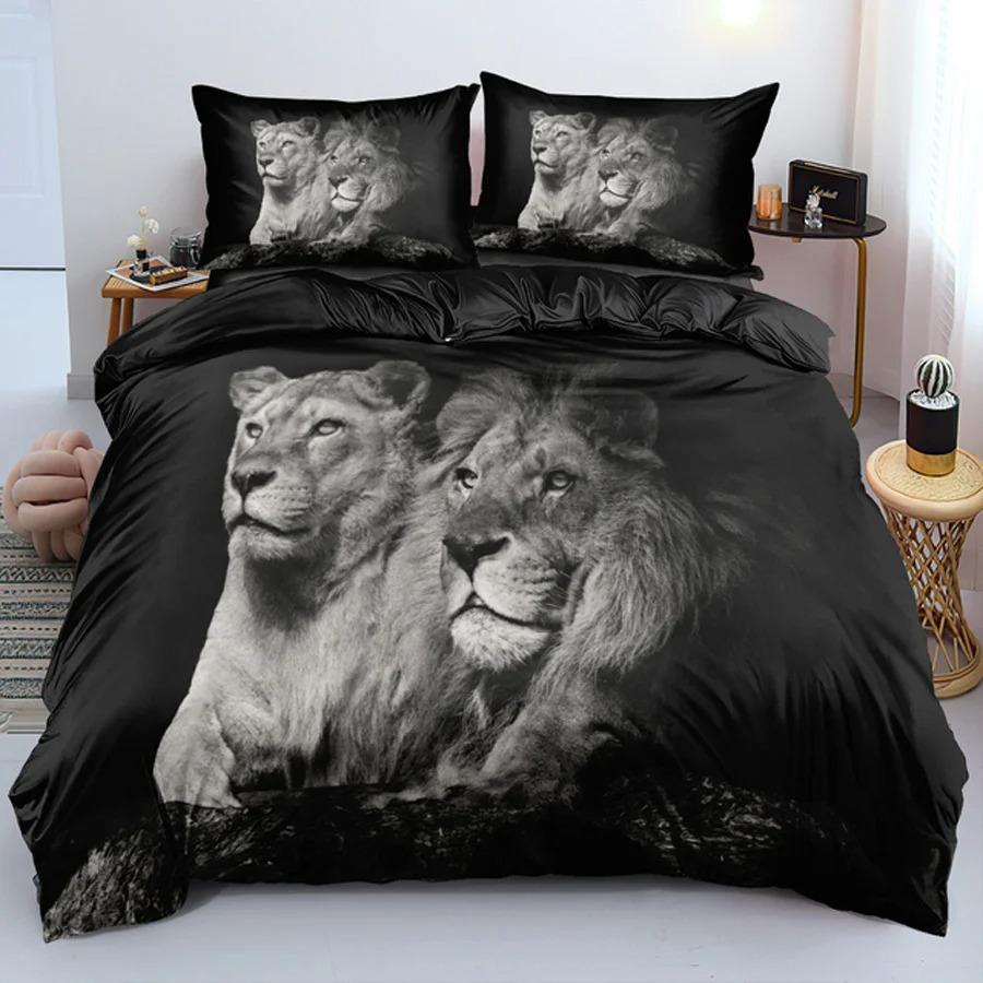 Black Lion Duvet Cover Animal Bed Sheet Pillow Three-Piece Bedding Set Single Double King Queen