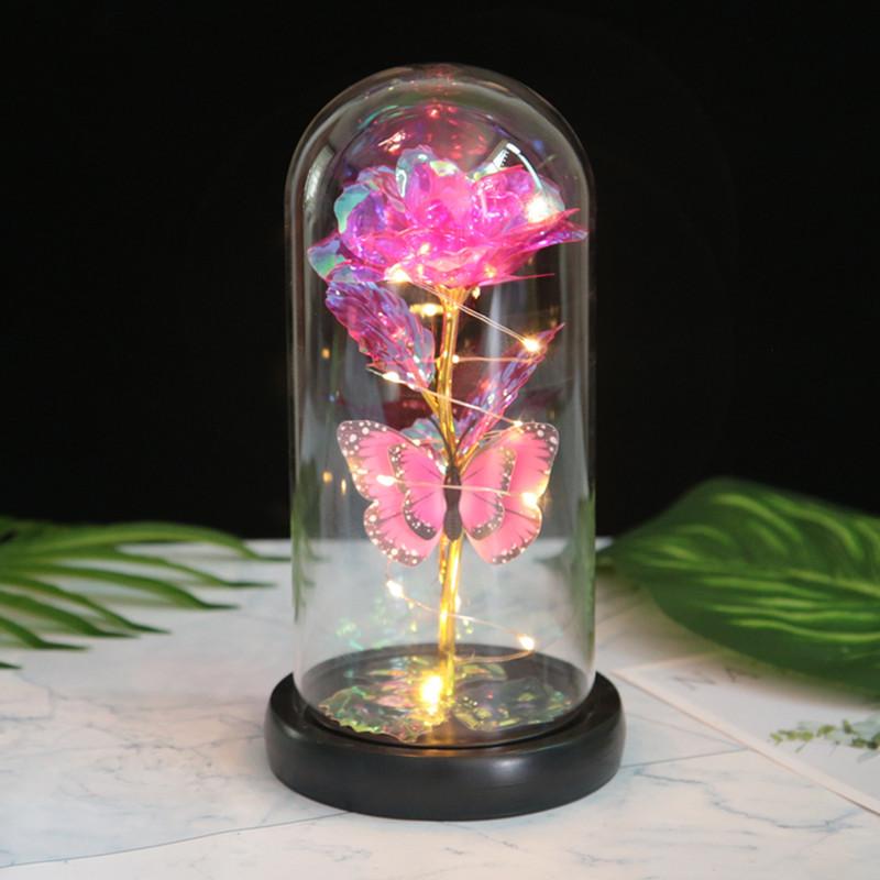 Butterfly Glass Cover Rose Ornament, Mother's Day Valentine's Day Creative Gift Gold Foil Flower LED Night Light