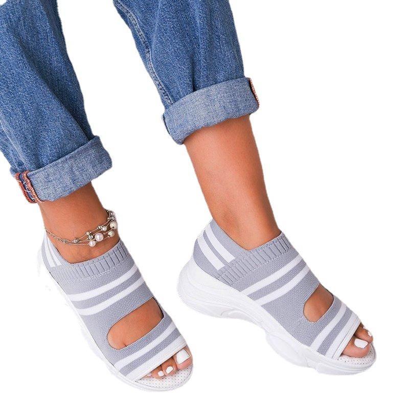2 New Knitted Sandals Women's Summer Flat-bottomed Versatile Comfortable Elastic Thick-soled Sports Fish Mouth Shoes