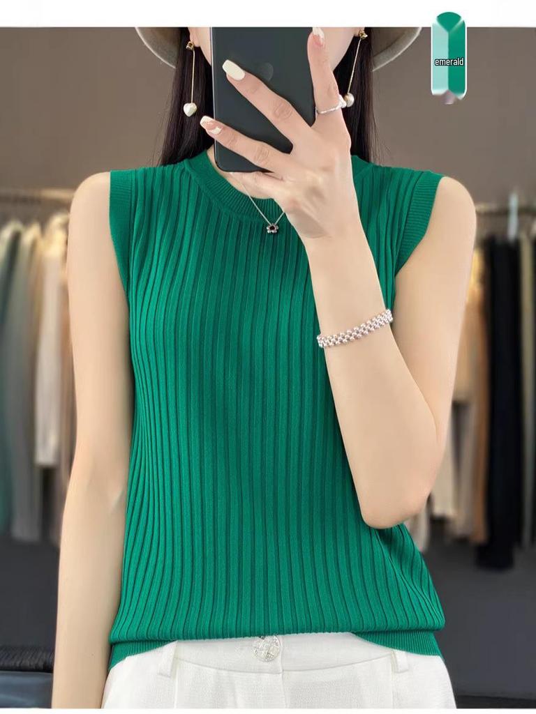Women's Solid Color Ice Silk Knit Camisole - Sleeveless, Round Neck, Perfect Summer Pullover Layer