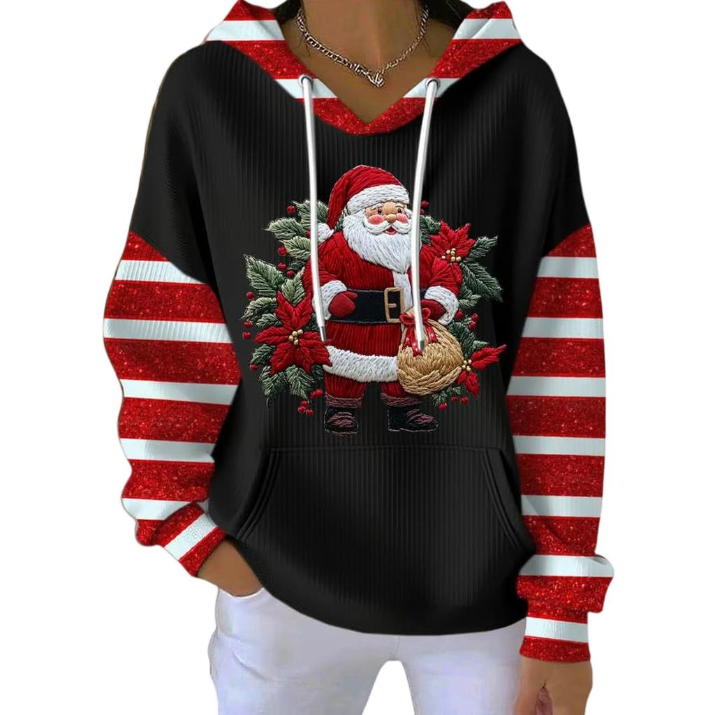 Women's Loose And Comfortable Drawstring V-neck Long Sleeved Christmas Print Hoodie