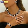 4pcs/Set Silver Women Fashion Simple Necklace Earrings Bracelet Ring Set Geometric Oval Black Acrylic Inlay Spiral Splicing