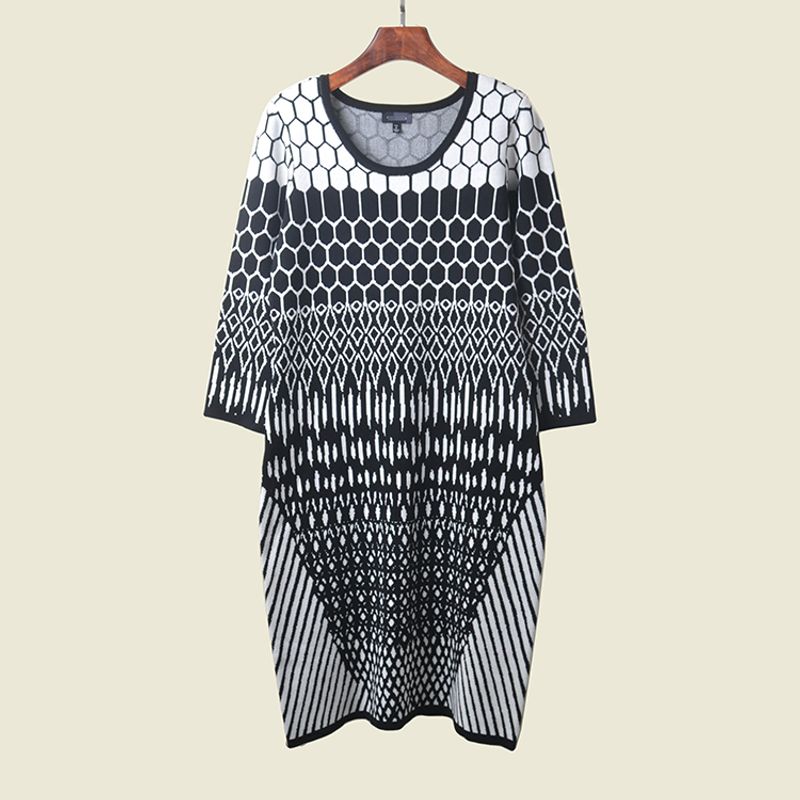 

American Card Plus size women clothing Chubby Girl High Fixed Black and White Color Matching Loose Foreign Trade Original Order Knitted dress Figure Color M(Reference measurement data)