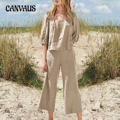 Women's Large Size Solid Colour Country Style Vintage Trouser Suit Cotton Linen Leisure Long Sleeve Loose Cotton Suit