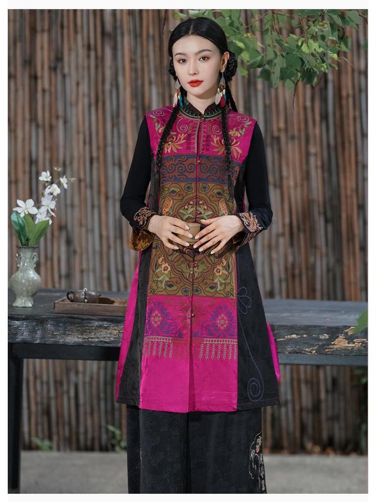 Damen Retro Floral Bestickte Lange Weste - Ärmelloser Ethno-Mantel