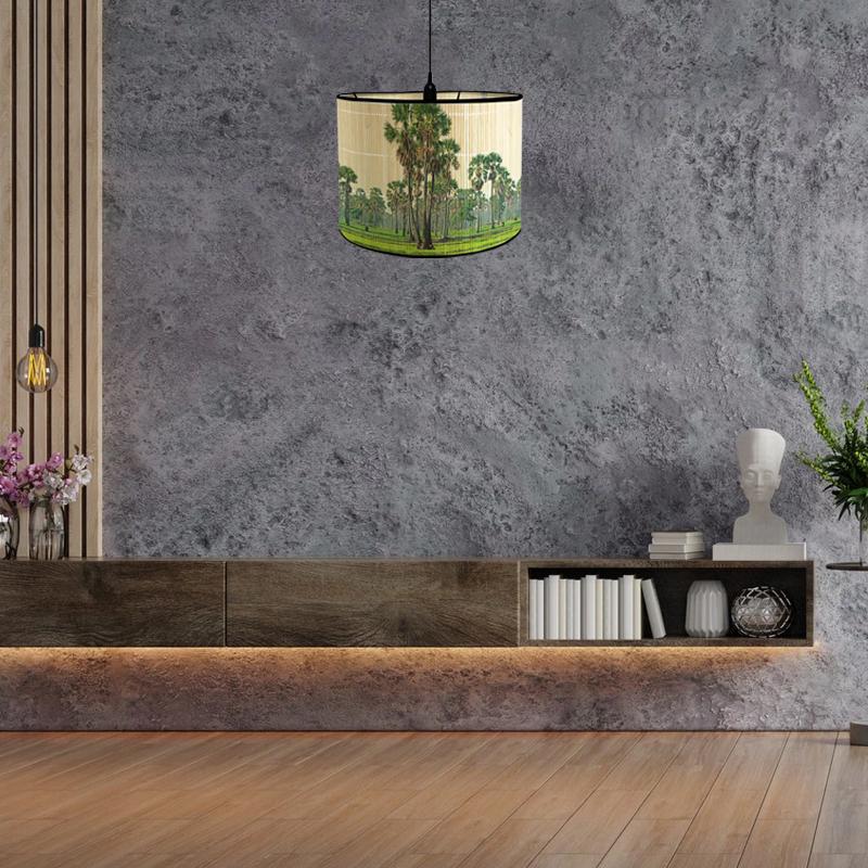 New Nordic Retro Style Green Plant Flower Birds Decorative Painting Handmade Bamboo Lampshade Chandelier Light Shade Home Decor