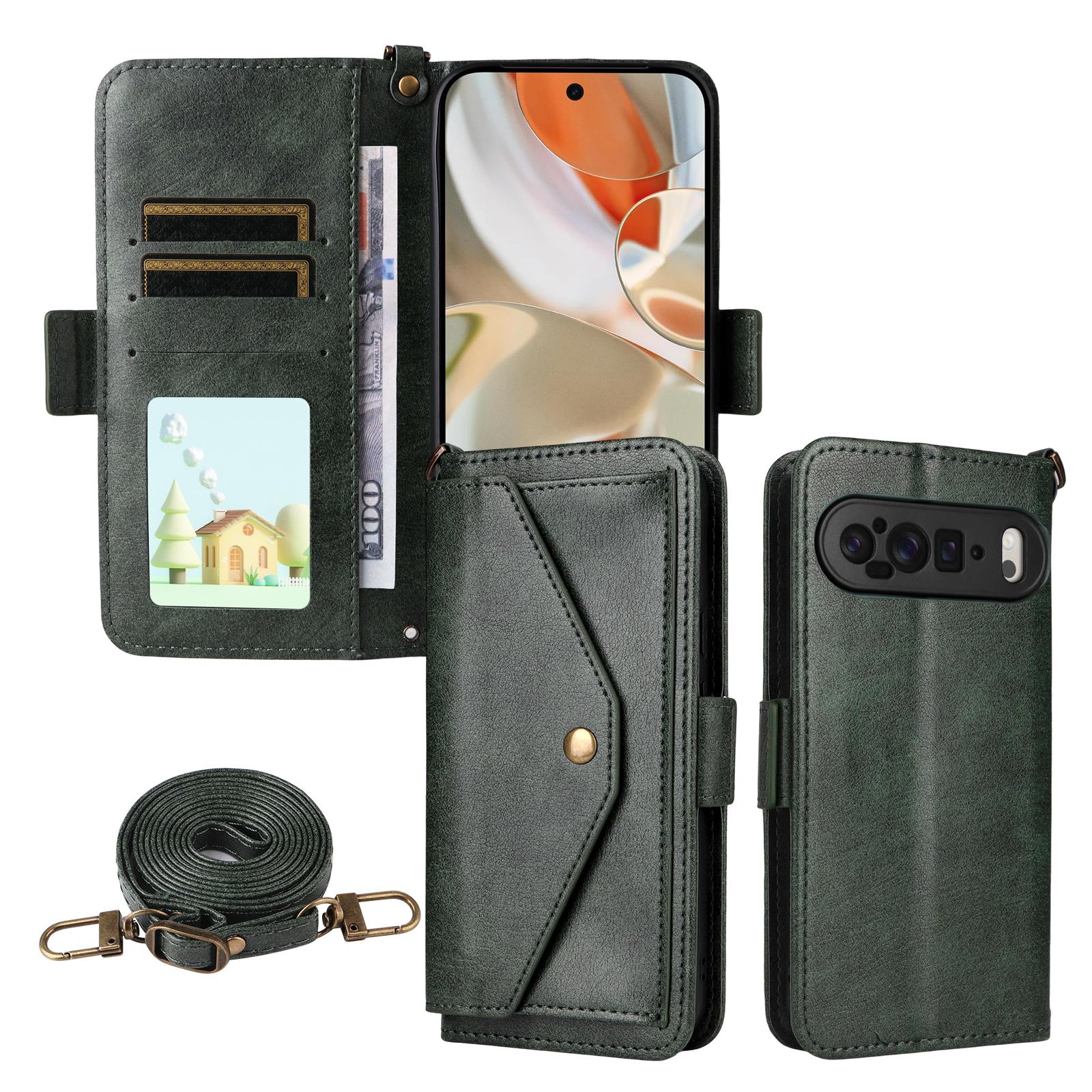 

For Google Pixel 10 Pro XL/Pixel 9 Pro XL Leather Case Magnetic Closure Wallet Stand Phone Cover with Crossbody Strap Green