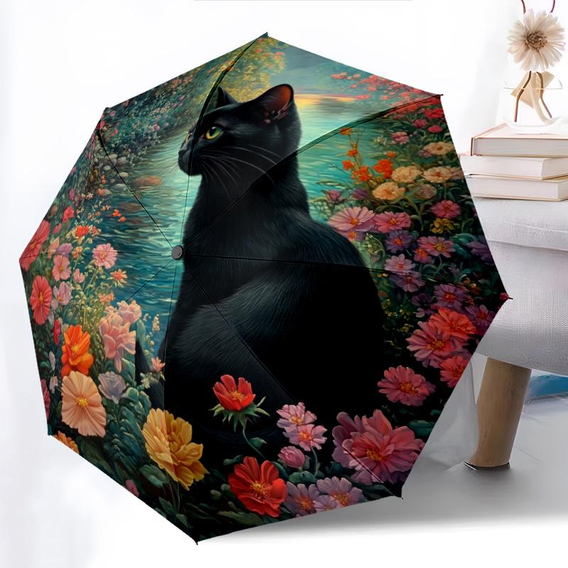 0106 Floral Black Cat  pattern, automatic folding umbrella, portable and foldable design, 8 ribs, a Christmas or birthday gift.