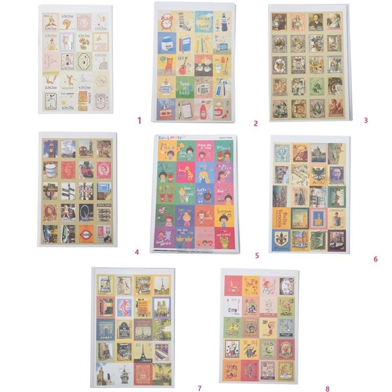 4 Sheets/80pcs DIY Vintage Retro Paper Sticker London Italy Doris Alice Prince Stamp