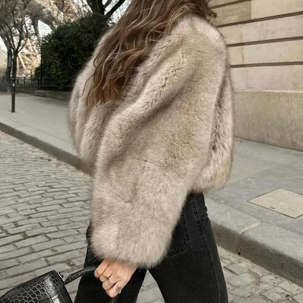 Women's Fashionable Warm Long Sleeve Solid-Color Furry Coat