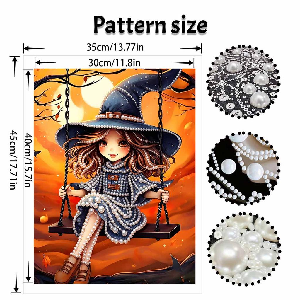 Pearl Painting DIY Kit Frameless Cute Witch Sitting On Swing Autumn Moon Pattern Shiny Bead Art Canvas Creative Wall Decor Gift Idea