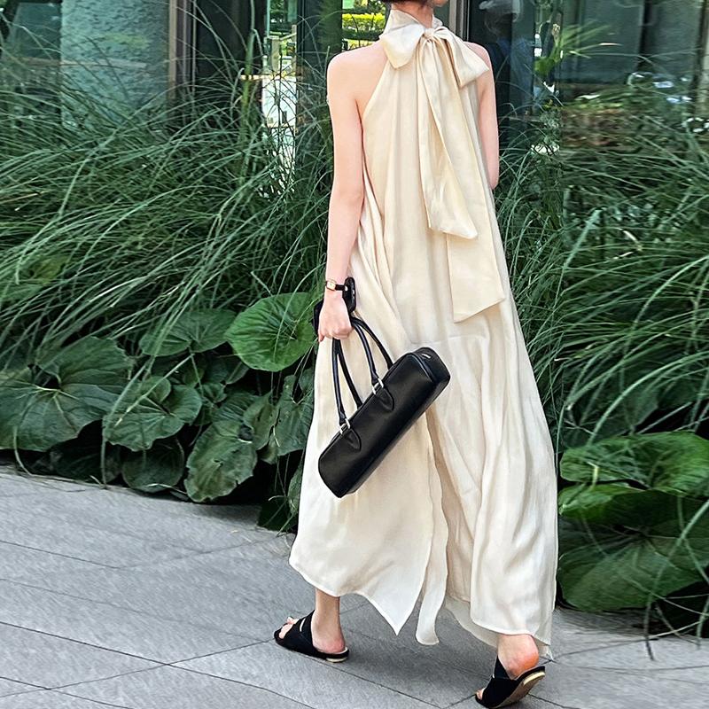 

Johnature Korean Style Simple Halterneck Dress Women Summer Vacation Off-the-Shoulder Slip Casual Loose Irregular Dress L слонова кістка