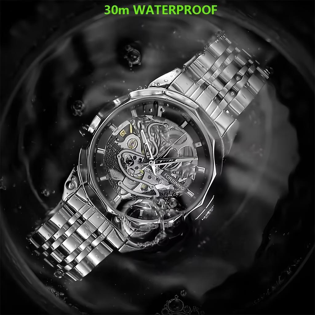 FORSINING Original Gold Skeleton Mechanical Man Watch Automatic Movement Clock Luxury Stainless Steel Men's Watches