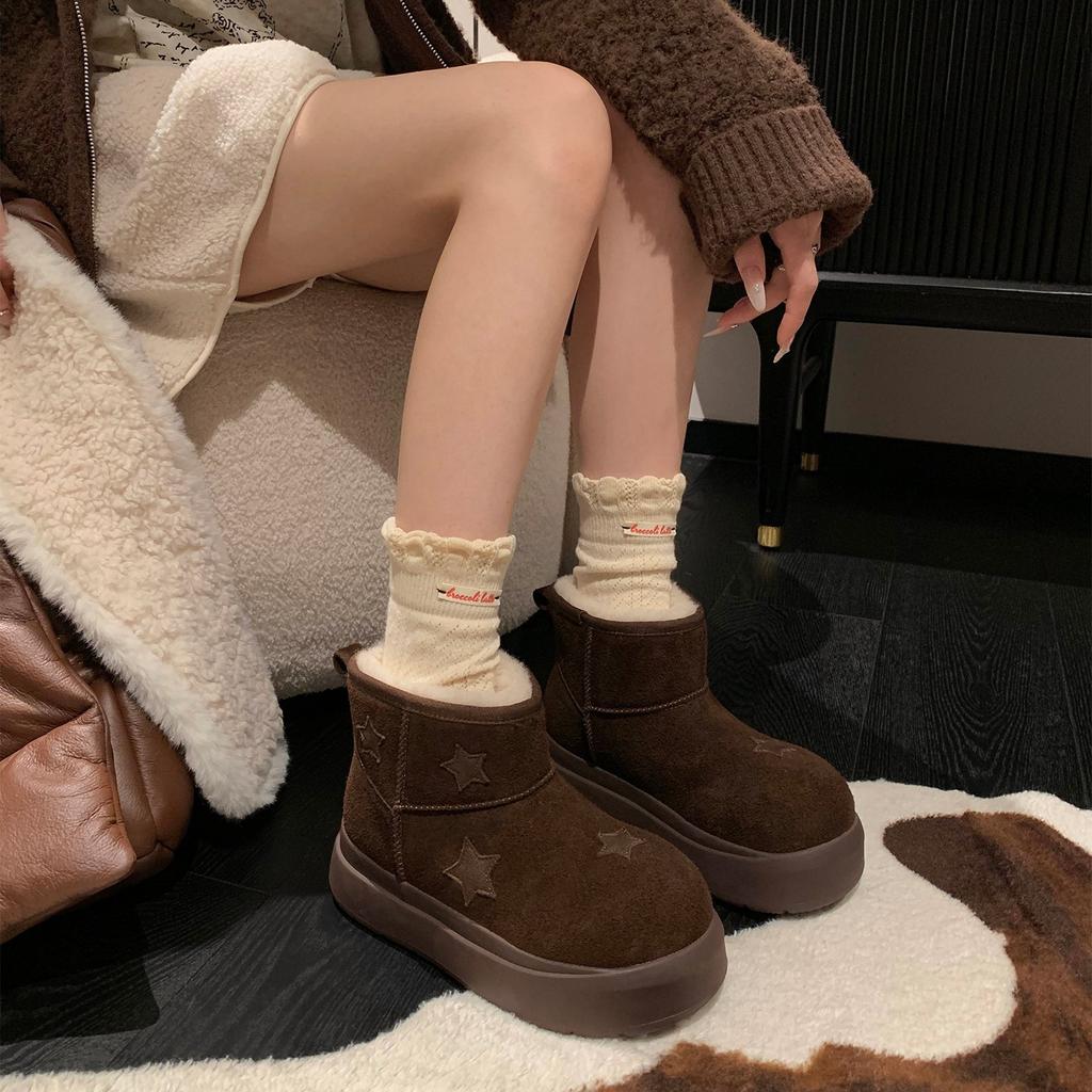 Women's Fashion Lightweight Height-enhancing Soft Sole Winter Warm Fur One Snow Boots Velvet Lined Non-slip Casual Sports Big Head Cotton Boots