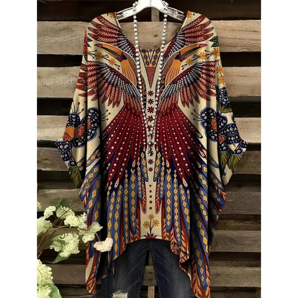 Camiseta de Verano para Mujer Estampado de Colibrí y Pavo Real Cuello Redondo Cola Cómoda Manga Corta Oversize Dobladillo Irregular Tops