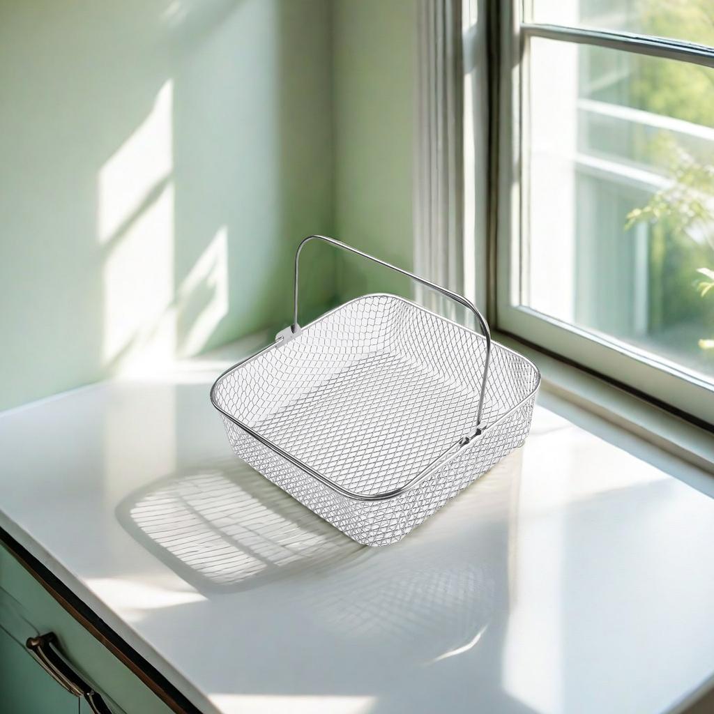 Square Stainless Steel Air Fryer Basket with Secure Food Transfer Capability