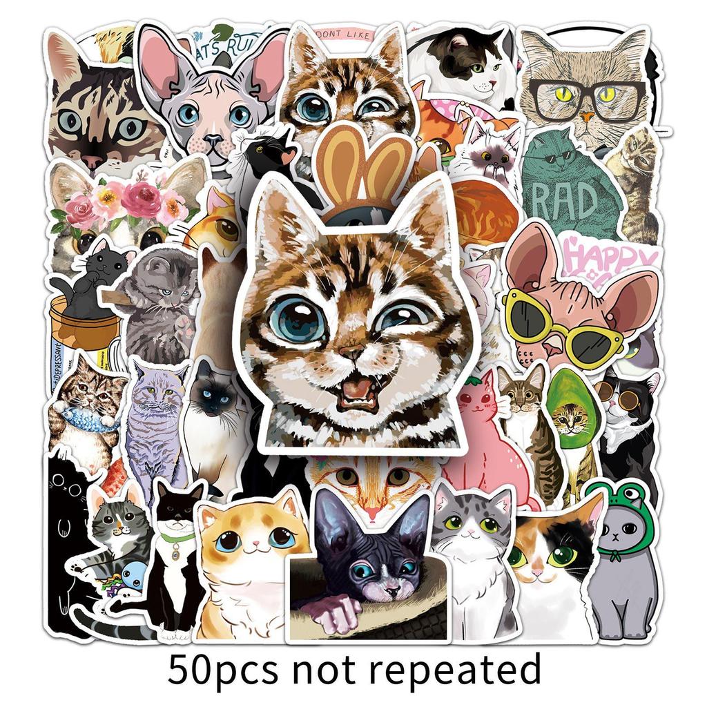50 Cute Cat Cartoon Stickers for Notebook, Luggage, Car, and Scooter