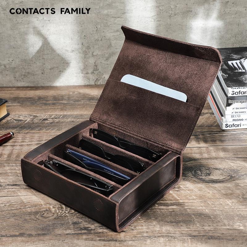 Set of 4 Handmade Vintage Crazy Horse Leather Eyeglass Cases with Magnetic Snap Closure