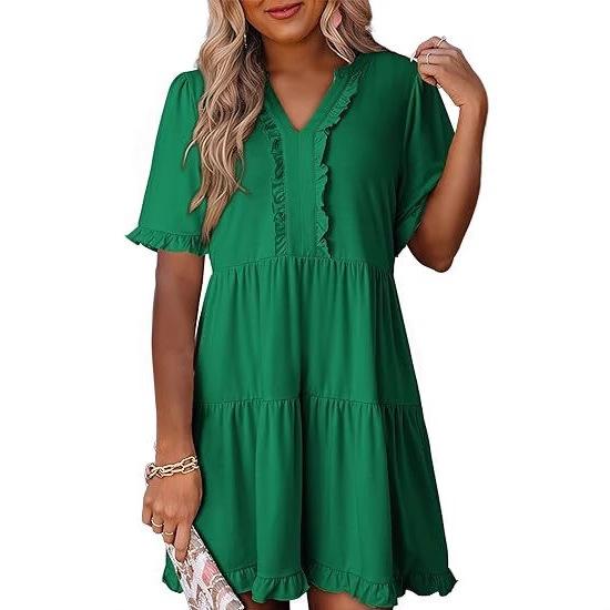 Women Short Sleeve V Neck Ruffle Hem A Line Midi Dress Multi Color Casual Flowy Dress