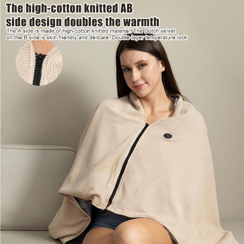 Electric Heated Shawl 3 Gears Thermal Blanket with Zipper USB Powered for Office Travel Camping Car Outdoor Home Winter Use