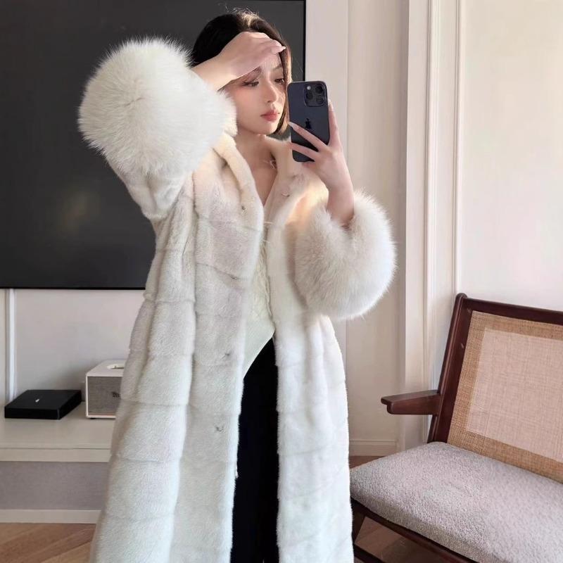 Eco-friendly fur coat women's hooded fur collar imitation fur long women's winter coat gentle celebrity
