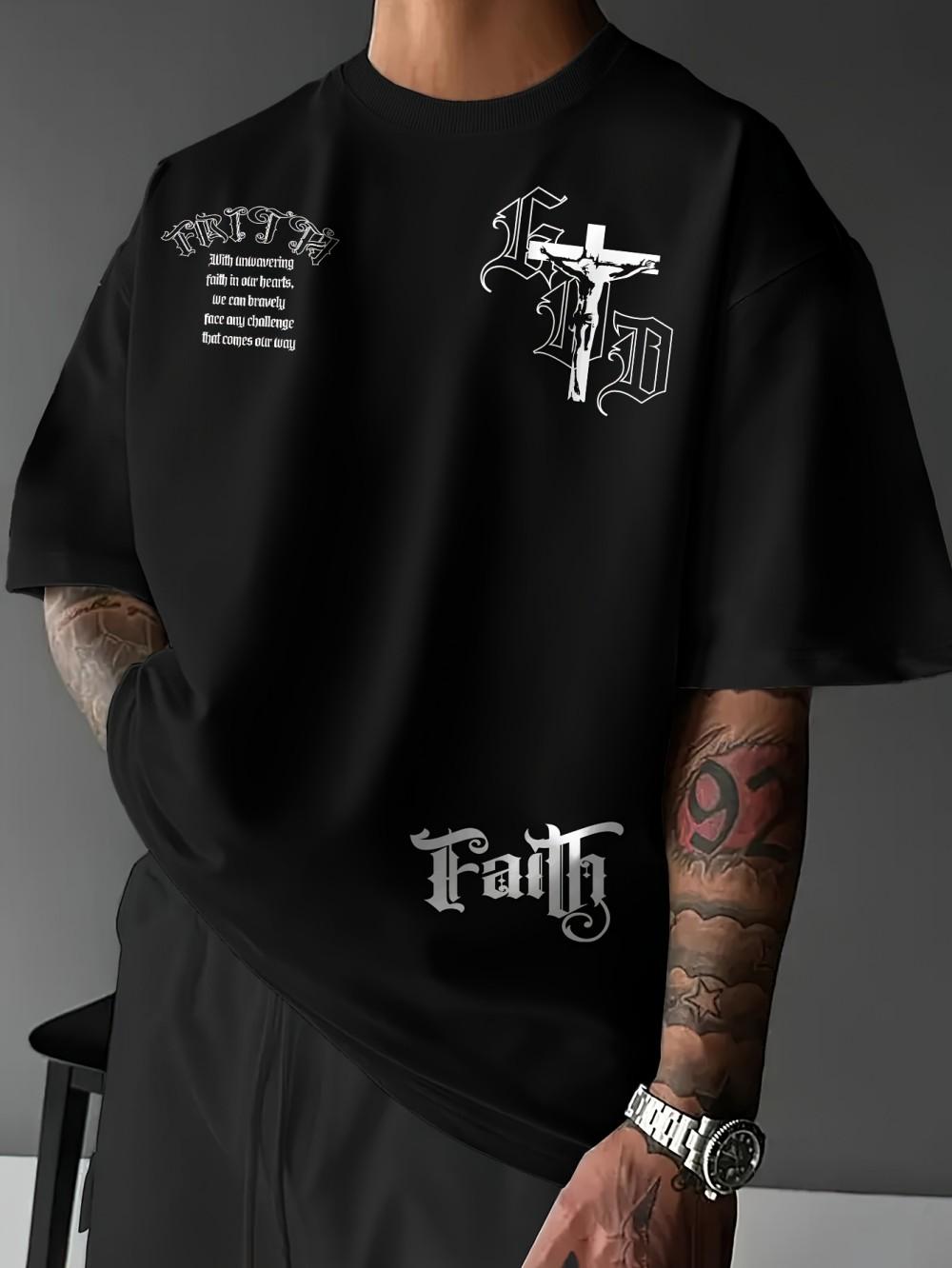 Hot selling men s new summer Gothic letter cross print soft and breathable round neck T-shirt outdoor street style top 6XL