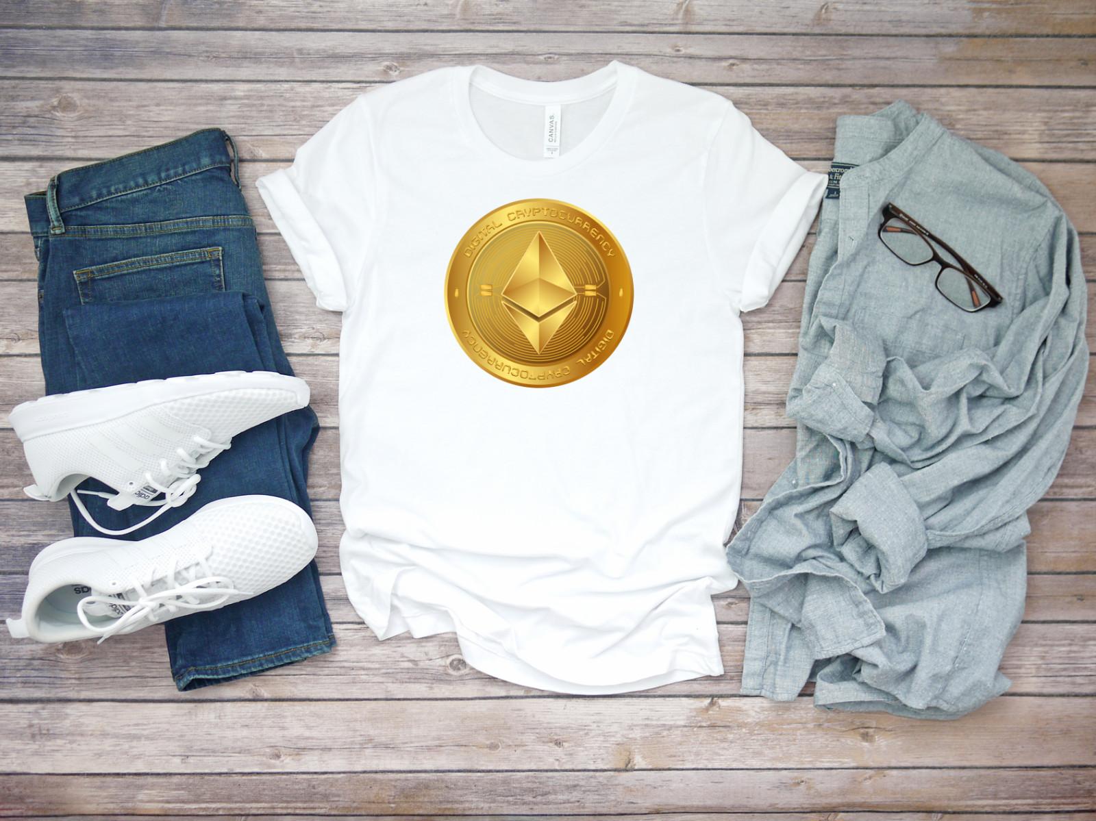 Etherium ETH Gold Crypto Coin Digital Coin Short Sleeve White Men T-shirt C023 S