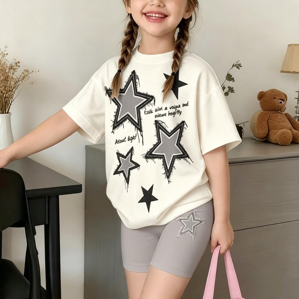 Modisches Shorts-Set für Mädchen Sternenprint Rundhalsausschnitt 2 Teile T-Shirt Sommer Lässig Kinder Outdoor Tägliches Schuloutfit Alter 7-13