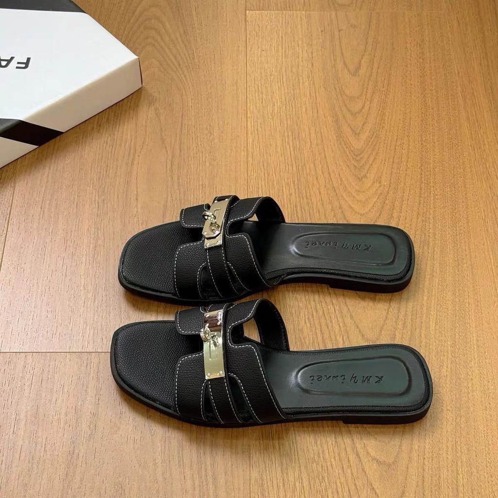 2025 Summer New Slippers Women Wear Non-slip Flat Bottom High Sense Niche Metal Buckle Beach Sandals