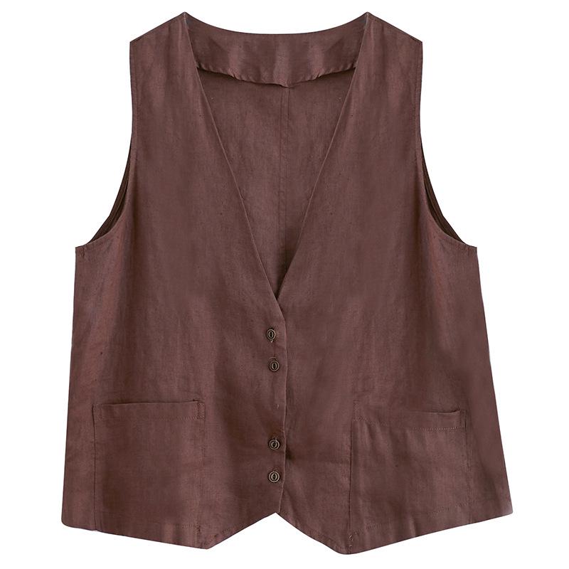 2025 Summer Women's Solid Color Sleeveless Cotton Linen V-Neck Vest