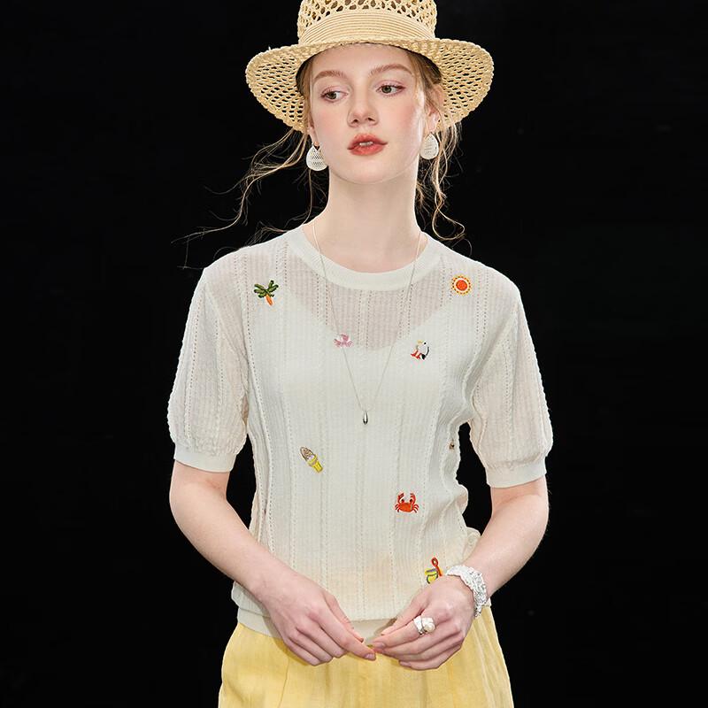 Wudao Women s Resort Embroidered Linen Blend T-Shirt L