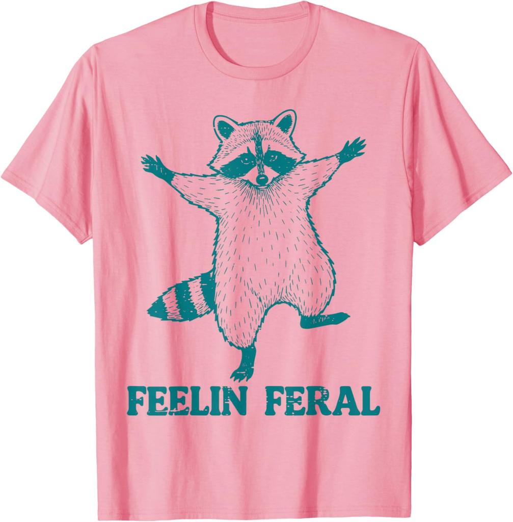 Raccoon Feelin Feral Funny Graphic Tee Casual Short Sleeve Cotton TShirt for Men Women