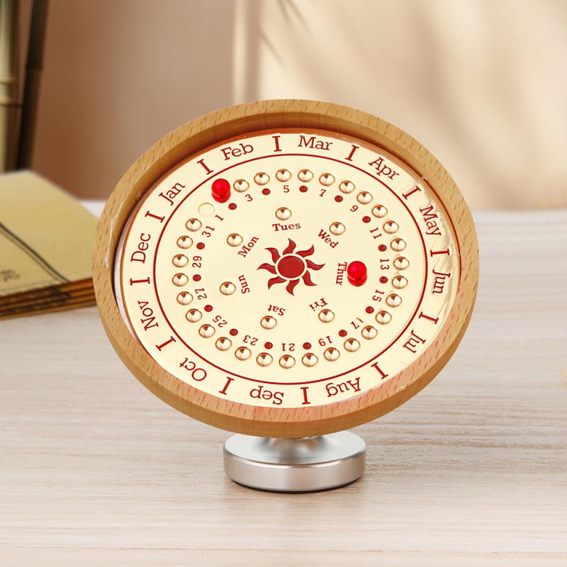 Adjustable Wooden Sundial Perpetual Calendar, Desktop Ornament and Timer for Home or Office Decor