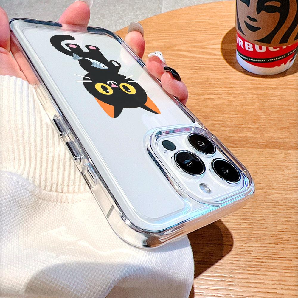 Cute Black Cat Holding Fish Transparent Soft TPU Phone Case for Xiaomi Redmi Note 15 14 13 12 11 10 9 Pro Plus 4G 5G Soft Cover