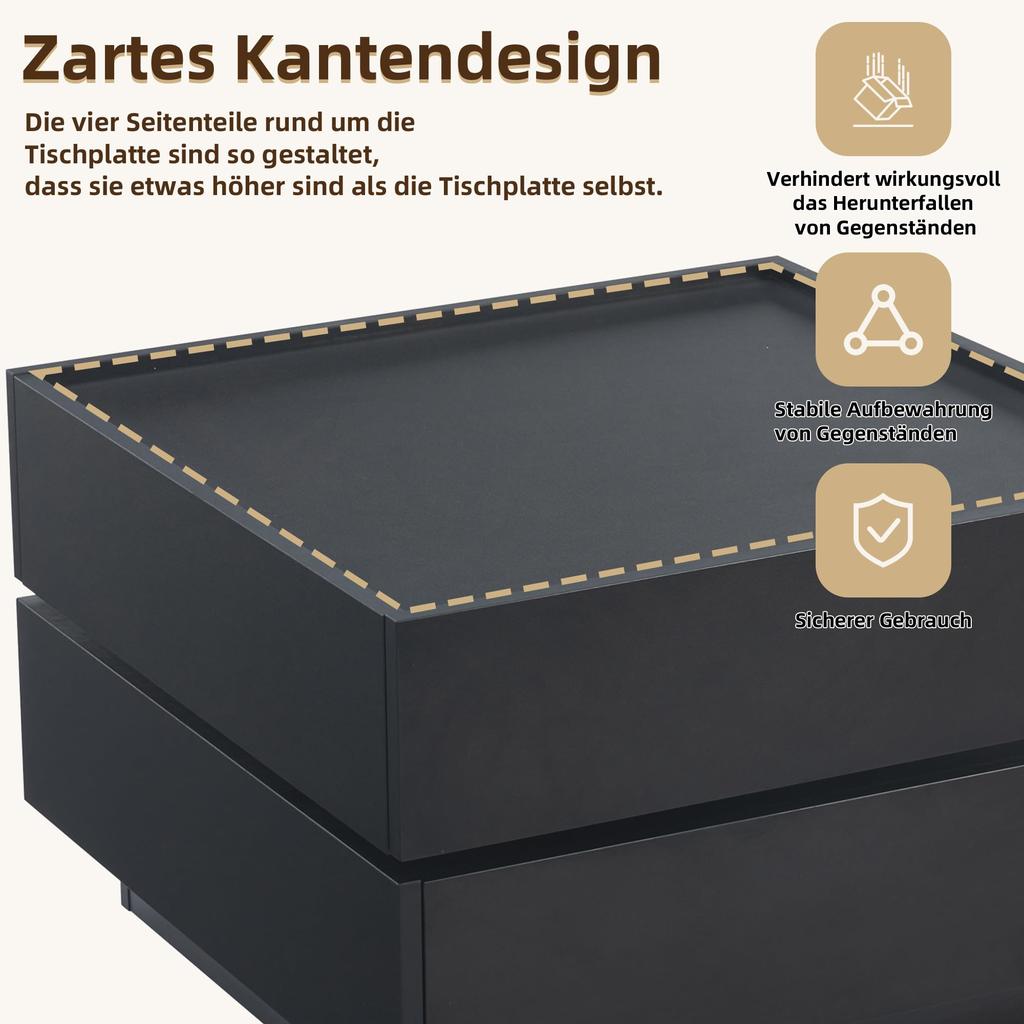 Couchtisch quadratische Drehbarer Moderner 2 Schubladen, kreativer Sofatisch Kaffeetisch, Beistelltisch Mitteltisch Home Office, Schwarz