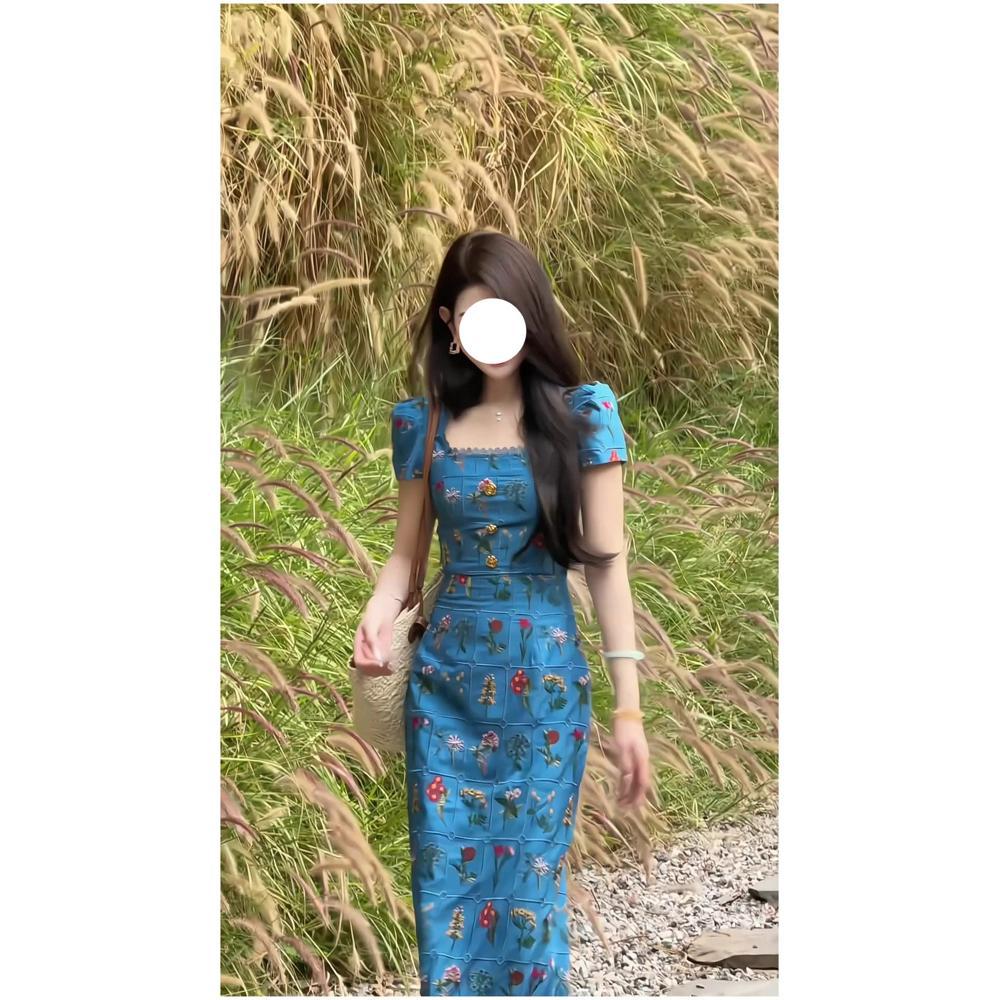 Heavy industry high-end blue long dress. Retro square neck dress women's summer new break